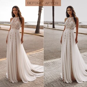 May include: A white wedding dress with a halter neckline and lace detailing. The dress has a flowing skirt with a high slit and a train.