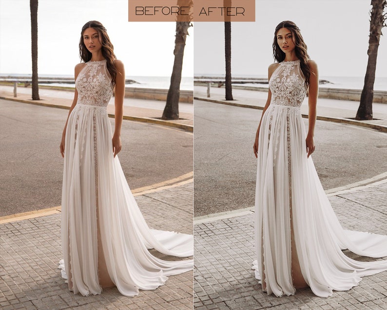 May include: A white wedding dress with a halter neckline and lace detailing. The dress has a flowing skirt with a high slit and a train.