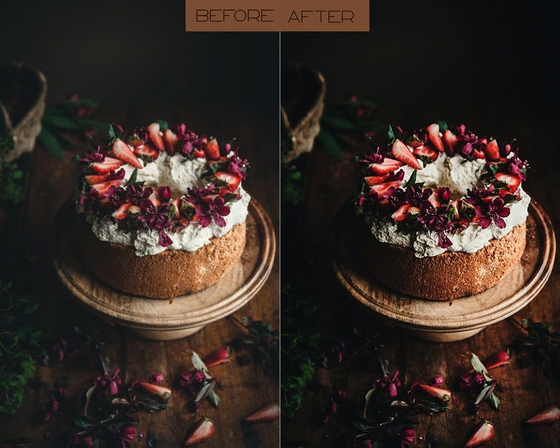 May include: A white cake with whipped cream frosting decorated with fresh strawberries and purple flowers. The cake is on a wooden cake stand and there are flower petals scattered on the wooden table.