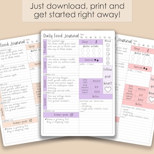 May include: A printable daily food journal with sections for breakfast, lunch, dinner, snacks, sleep, water intake, exercise, and mood. The journal includes a section for today's goals and notes for tomorrow's exercises. The journal is designed to help people track their food intake and exercise habits.