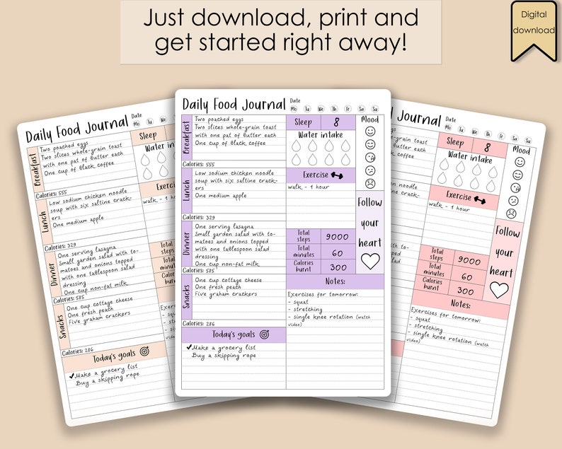 May include: A printable daily food journal with sections for breakfast, lunch, dinner, snacks, sleep, water intake, exercise, and mood. The journal includes a section for today's goals and notes for tomorrow's exercises. The journal is designed to help people track their food intake and exercise habits.