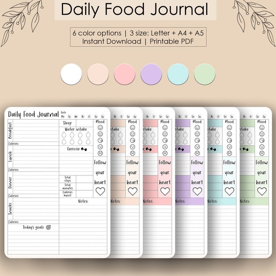 Daily Food Journal & Calorie Tracker | Printable PDF Planner | A4 A5 Letter | Daily, Weekly Layouts