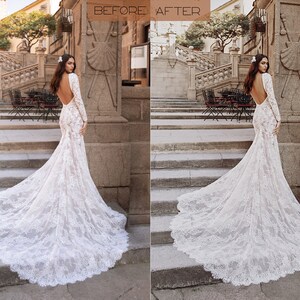 May include: A bride wearing a white lace wedding dress with a long train. The dress has a low back and long sleeves. The bride is standing on a set of stone steps in front of a building.
