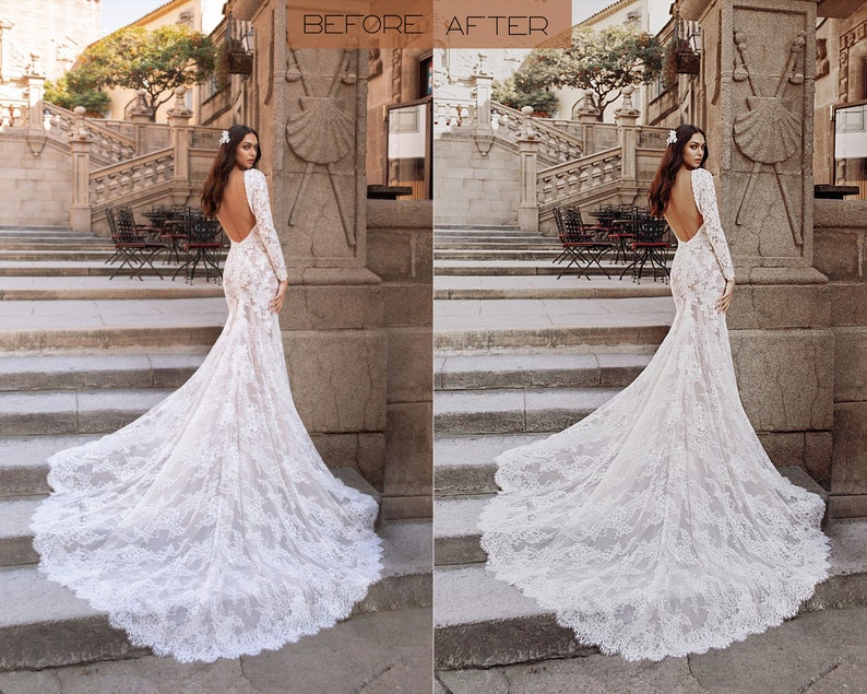 May include: A bride wearing a white lace wedding dress with a long train. The dress has a low back and long sleeves. The bride is standing on a set of stone steps in front of a building.