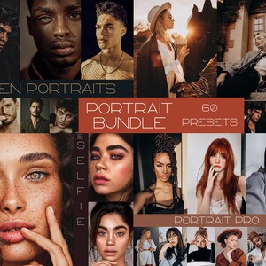 Peut inclure: Un collage d'images présentant 60 préréglages de portrait pour l'édition photo. Les préréglages sont divisés en trois catégories : Portraits d'hommes, Selfie et Portrait Pro. Les images présentent une variété de personnes avec différentes carnations et couleurs de cheveux.