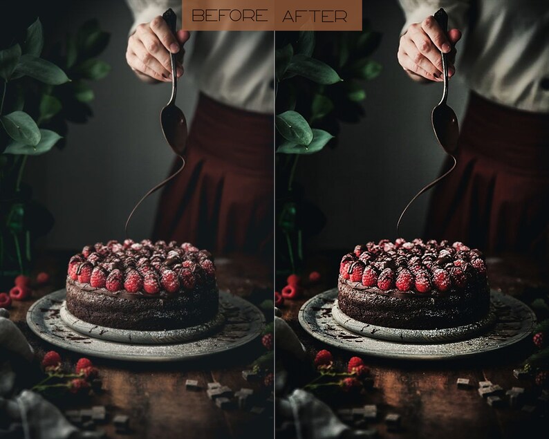 May include: A chocolate cake topped with raspberries and powdered sugar is being drizzled with chocolate sauce. The cake is on a wooden table with a plate and some chocolate pieces.
