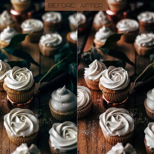 May include: A close-up of cupcakes with white frosting and a rosette design. The cupcakes are arranged on a wooden surface with a brown background. The cupcakes are decorated with a dusting of icing sugar.