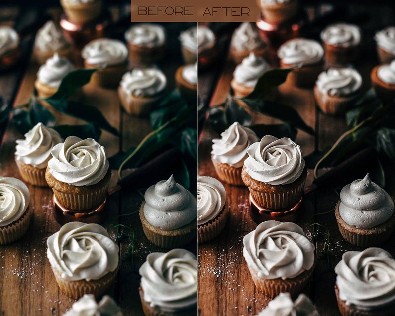 May include: A close-up of cupcakes with white frosting and a rosette design. The cupcakes are arranged on a wooden surface with a brown background. The cupcakes are decorated with a dusting of icing sugar.