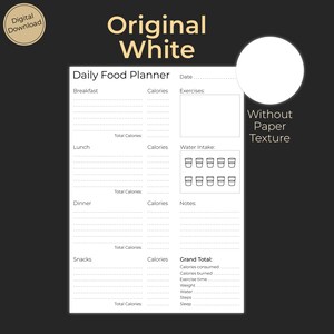 May include: A printable daily food planner with sections for breakfast, lunch, dinner, snacks, and a grand total section. The planner includes space for tracking calories, water intake, exercises, and notes.