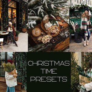 以下が含まれることがあります： クリスマスをテーマにした画像のコラージュ。画像には、緑色のバンを前に立った格子柄のスカーフを巻いた女性、クリスマスツリーを持った女性、カフェのテーブルに座っている女性、シュトーレンのアップ写真が含まれています。