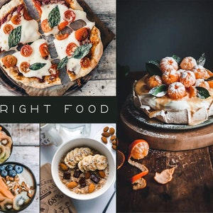 May include: A collage of four images featuring different food items. The top left image shows a pizza with mozzarella cheese, tomato slices, and basil leaves. The top right image shows a dessert with a meringue base topped with mandarin oranges and a white sauce. The bottom left image shows a bowl of fruit salad with papaya, kiwi, and blueberries. The bottom right image shows a bowl of oatmeal with banana slices, almonds, and chocolate chips.