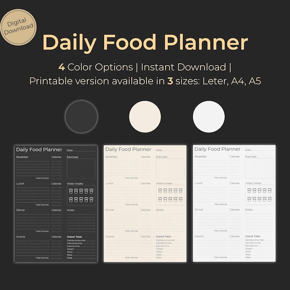 Daily Food Planner | Digital Food Journal | Fitness & Calorie Tracker | PDF Template | A4, A5, Letter