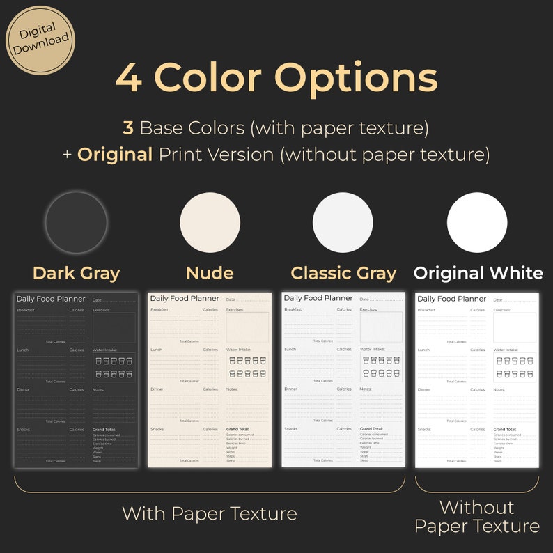 May include: Four printable daily food planner templates in different color options: dark gray, nude, classic gray, and original white. The templates feature a paper texture and a clean, minimalist design. The text "Daily Food Planner" is displayed at the top of each template.