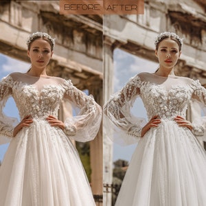 May include: A bride wearing a white wedding dress with intricate floral embroidery and a long veil. The dress has a fitted bodice and a flowing skirt. The bride is standing in front of a stone archway.