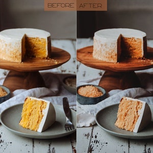 May include: A before and after image of a cake with white icing and a yellow sponge layer. The cake is on a wooden cake stand. A slice of cake is on a grey plate with a knife and fork.