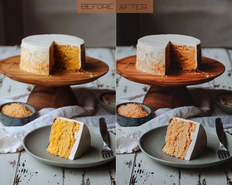 May include: A before and after image of a cake with white icing and a yellow sponge layer. The cake is on a wooden cake stand. A slice of cake is on a grey plate with a knife and fork.
