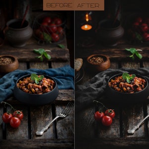 May include: A close-up of a rustic wooden table with a bowl of aubergine stew, a fork, and a few red tomatoes. The bowl is black and the stew is a rich, red colour. The tomatoes are fresh and vibrant.