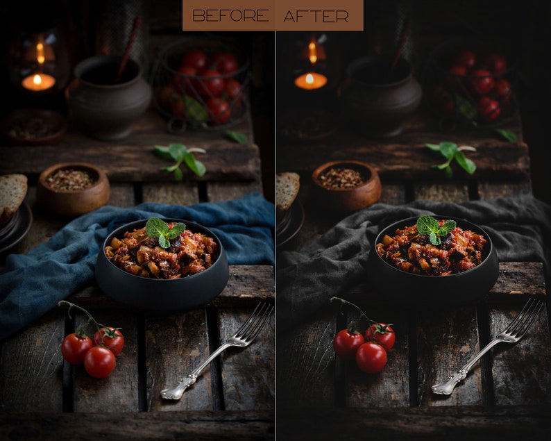 May include: A close-up of a rustic wooden table with a bowl of aubergine stew, a fork, and a few red tomatoes. The bowl is black and the stew is a rich, red colour. The tomatoes are fresh and vibrant.