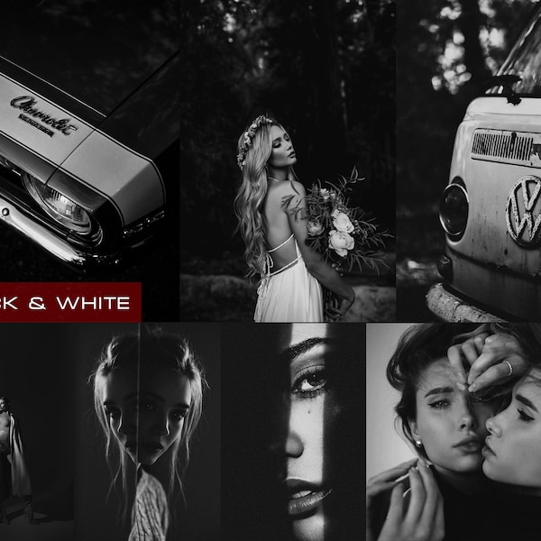 30 zwart-wit Lightroom Mobile en desktop presets • Monochrome presets • Contrast monotoon • Foto Edit Filters • Zwart-wit Presets • Donker