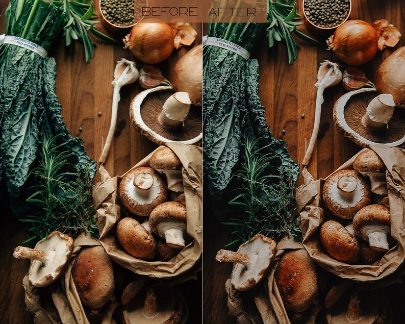 May include: A close-up of a brown paper bag filled with fresh mushrooms. The bag is sitting on a wooden table with other ingredients, including kale, rosemary, garlic, and onions.