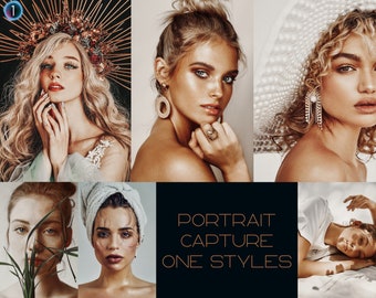May include: A collage of five images featuring different women with various hairstyles and makeup looks. The text "PORTRAIT CAPTURE ONE STYLES" is displayed in the centre of the collage.