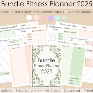 Op de afbeelding: Een printbare bundel fitnessplannerpagina's voor 2025. De pagina's bevatten een dagelijks voedingsdagboek, een lichaamsmetingstracker en een boodschappenlijst. De pagina's zijn verkrijgbaar in zes kleurenopties en drie formaten: Letter, A4 en A5.