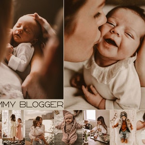 May include: A collage of images featuring a mother and her baby. The images show the mother kissing the baby, holding the baby, and the baby smiling. The images are in a warm, natural color palette and have a soft, gentle feel. The text "Mommy Blogger" is displayed at the bottom of the collage.