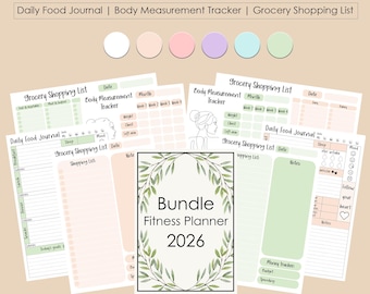 Bundle Fitness Planner | Food Journal, Weight & Calorie Tracker | Printable PDF Planner | A4 A5 Letter
