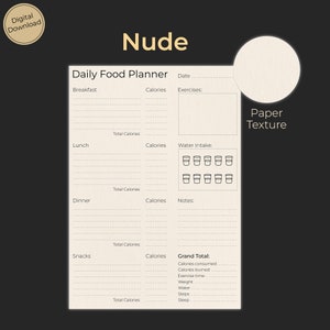 May include: A printable daily food planner with sections for breakfast, lunch, dinner, snacks, and a grand total. The planner includes space for calories, water intake, exercises, and notes.