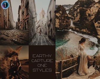 Puede incluir: Un collage de cuatro imágenes que muestran diferentes estilos de fotografía. La primera imagen muestra una calle estrecha de adoquines en una ciudad europea. La segunda imagen muestra a una mujer con un vestido blanco de pie en un acantilado con vistas a un océano turquesa. La tercera imagen muestra a una persona en un paisaje desértico con arena que sopla en el viento. La cuarta imagen muestra el texto "Earthy Capture One Styles".