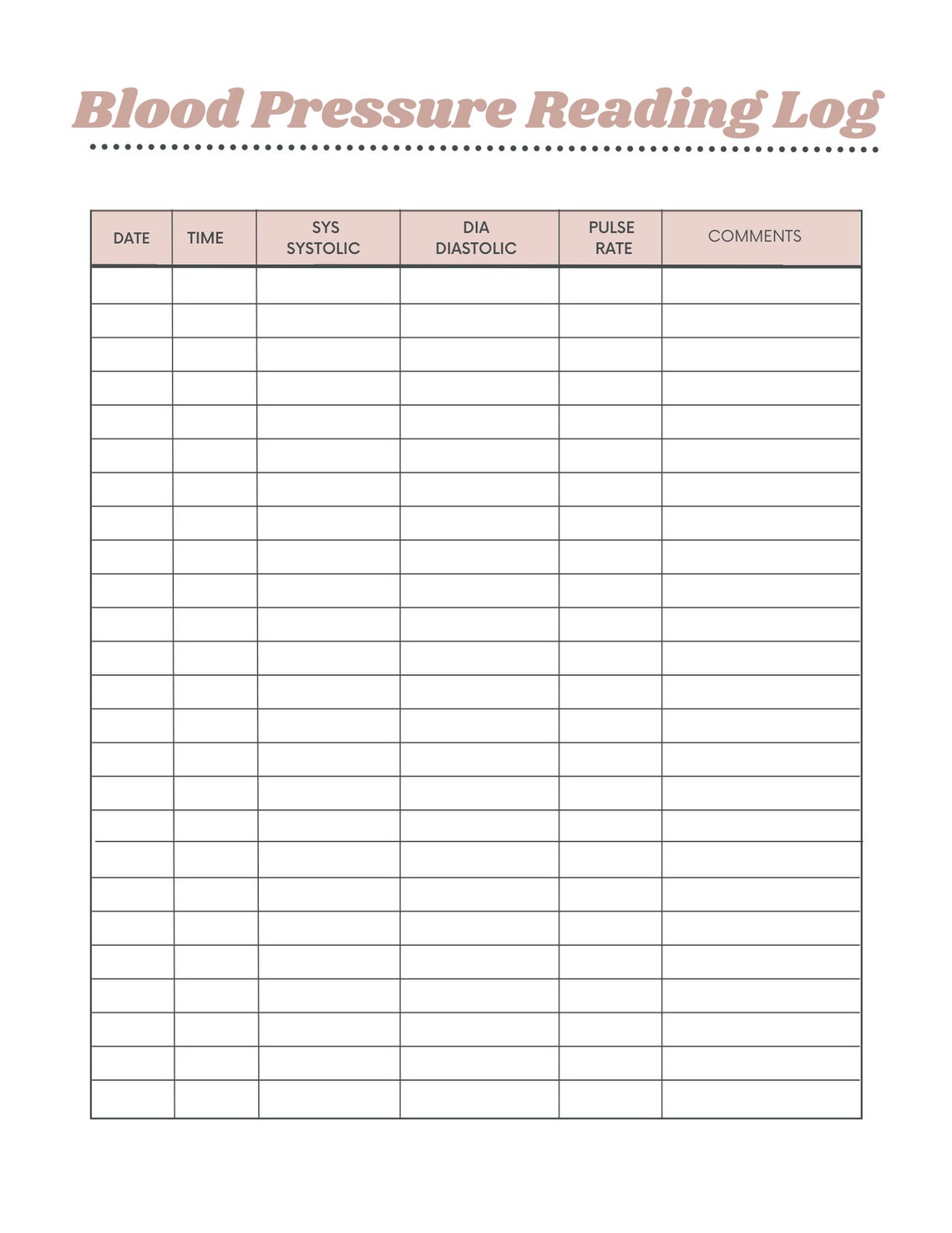 Blood Pressure Reading Log Printable Blood Pressure Tracker Bp