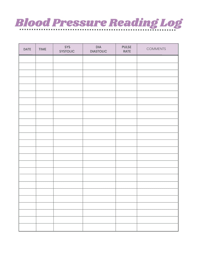 BLOOD PRESSURE Reading Log Printable, Blood Pressure Tracker, BP ...