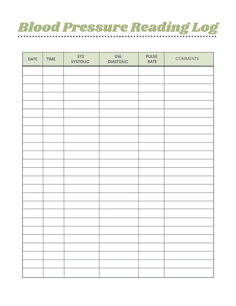 BLOOD PRESSURE Reading Log Printable, Blood Pressure Tracker, BP ...