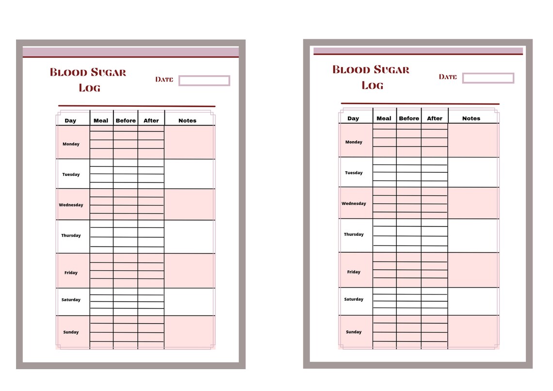 Blood Sugar Log, Printable Blood Sugar Journal, Blood Glucose Log ...