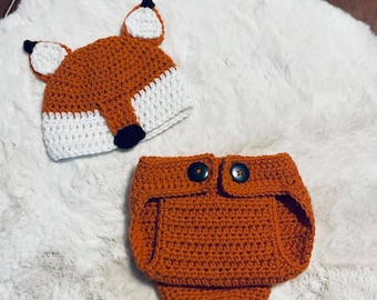 Fox Diaper Cover Set, Crochet Diaper Cover and Hat, Newborn/Infant Outfit, Baby Shower Gift, Newborn Photo Prop, Fox Costume