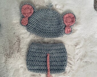 Elephant Diaper Cover Set, Crochet Diaper Cover and Hat, Newborn/Infant Outfit, Baby Shower Gift, Newborn Photo Prop, Elephant Costume