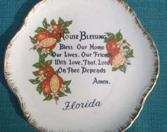 Vintage Florida Souvenir Plate House Blessing Gold Trim Oranges