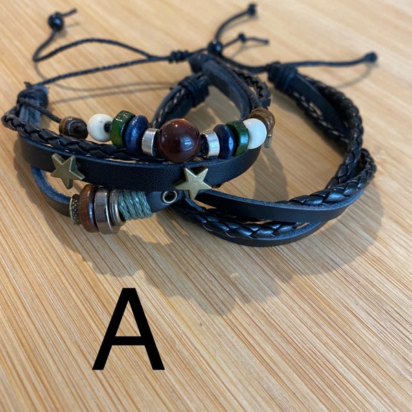 Double wristband /bracelet set. Leather,cord and bead wristband set, 10 designs.