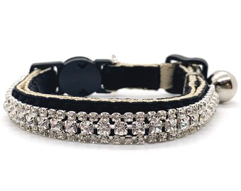 Black Velvet Diamante Pet Collar with Crystal Bling Trim for cats and small dogs