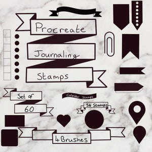 May include: A set of 60 black and white Procreate journaling stamps, including calendar stamps, a heart, a circle, a location pin, and a square. The set also includes 4 brushes. The stamps are displayed on a white marble background.