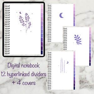 Può includere: Blocco notes digitale con 12 divisori ipercollegati e 4 copertine. Le copertine presentano uno sfondo bianco con motivi floreali e lunari viola.