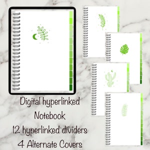 May include: Digital notebook with a white cover and green dividers. The cover features a green botanical design with a crescent moon. The image also shows four additional notebooks with different botanical illustrations.