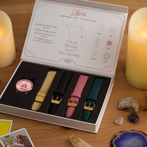 Libra Star Sign Astrology Watch Gift Set For Women, Four Strap Options With Engraving