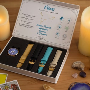Pisces Star Sign Astrology Watch Gift Set For Women, Four Strap Options With Engraving