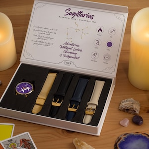 Sagittarius Star Sign Astrology Watch Gift Set For Women, Four Strap Options With Engraving
