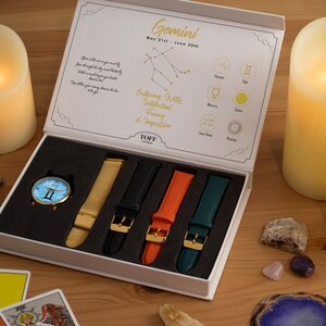 Gemini Star Sign Astrology Watch Gift Set For Women, Four Strap Options With Engraving