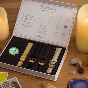 Capricorn Star Sign Astrology Watch Gift Set For Women, Four Strap Options With Engraving