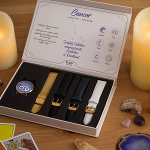 Cancer Star Sign Astrology Watch Gift Set For Women, Four Strap Options With Engraving