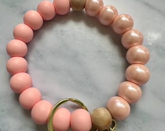 Opal Baby Pink Silicone Beaded Wristlet | Wooden Beads, Gold Keychain