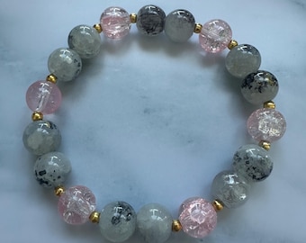 Pink Crackle Glass Beaded Bracelet | Smoke Luster, Gold Accents
